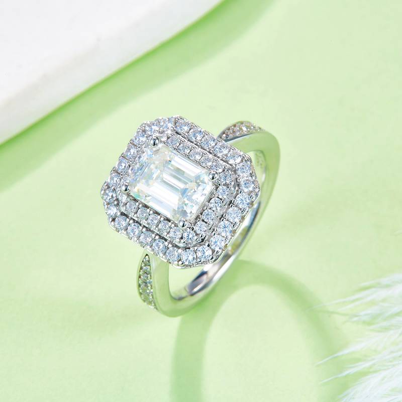豪镶长方形S925银镀白金MoissaniteWomen's Ring2.0ctD级